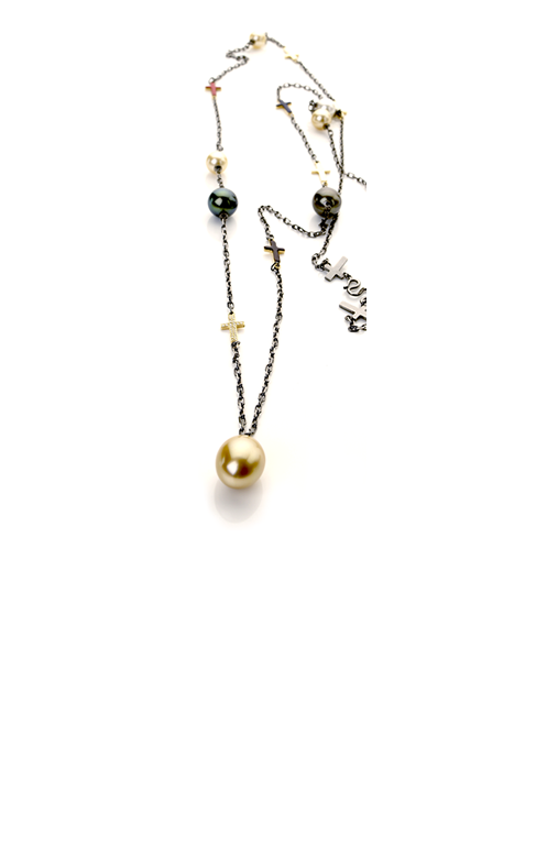 <a href='press.html'>Small Blessing Necklace – 18ct Blackened Rhodium White Gold, 18ct Yellow Gold, AA South Sea Pearls, AA Tahitian Pearls, Enamel & Diamond</a>
